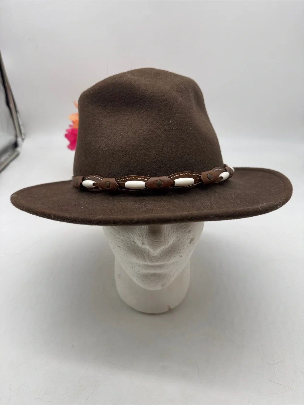 Henschel Hat Company Brown Felt Wide-Brim Hat with Bead Trim Size Large